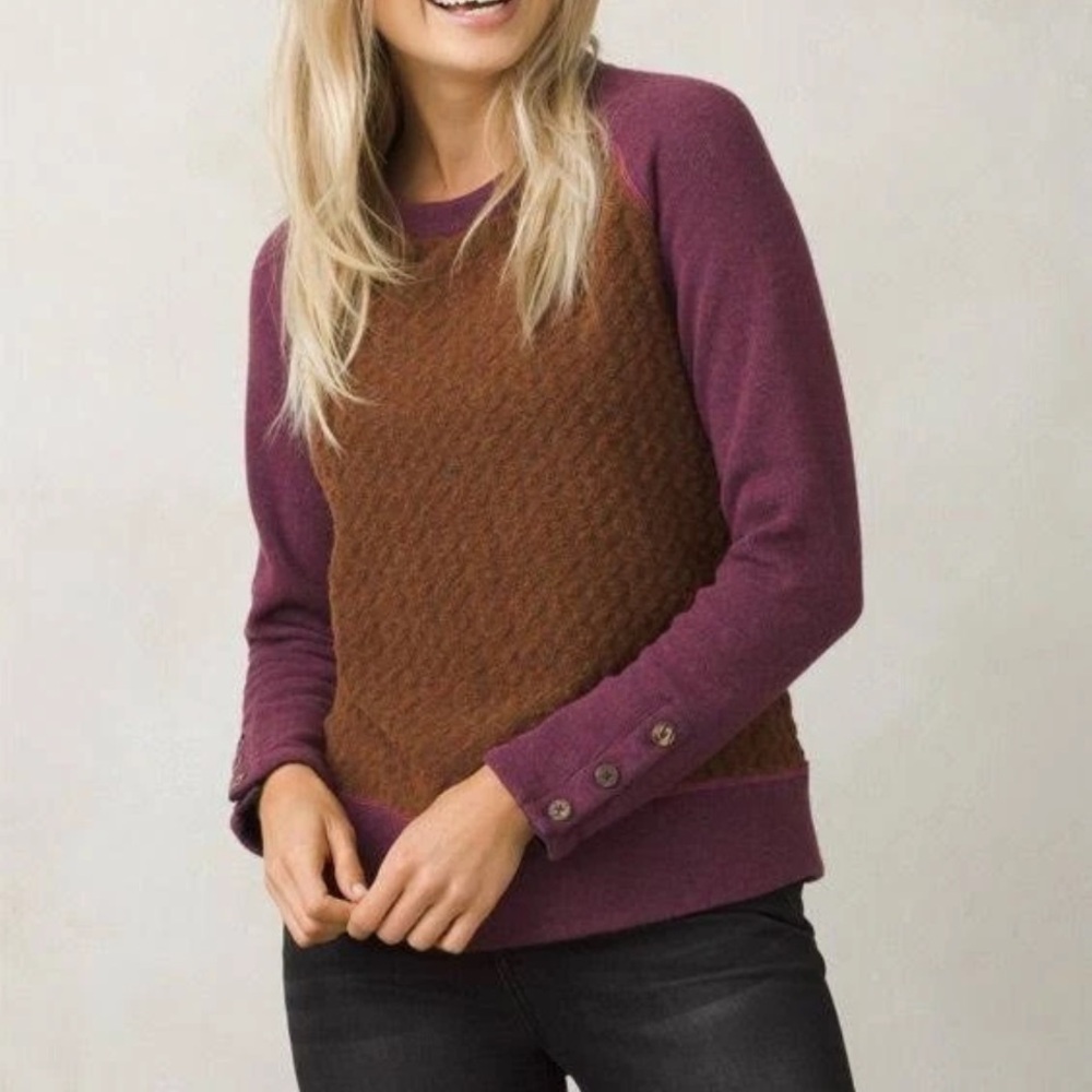 Prana Aya‎ Sweater Wool Blend Auburn Colorway Cable Knit Button Detail XS